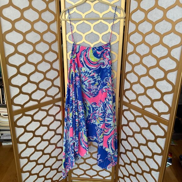 Lilly Pulitzer Size L NEW Blue Pink Kimi Silk Sleeveless Asymmetrical Hem Dress - Picture 5 of 16